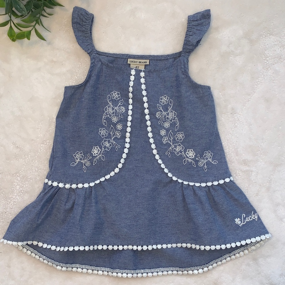 Lucky Brand Chambray Swing Top 4T Ruffle Straps EUC Embroidered Floral Design